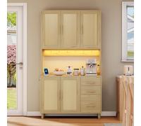 Doyisy Aparador de cocina de 183 cm, buffet, luces LED decorativas, 2 USB, 2 enchufes, estantes ajustables, 3 cajones, asas de metal doradas (natural)