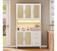 Doyisy Aparador de cocina de 183 cm, luces LED decorativas, 2 USB, 2 enchufes, estantes ajustables, 3 cajones, asas de metal doradas (blanco)