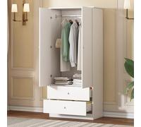 Doyisy Armario con barra, armario de 2 puertas, 2 cajones, dormitorio, salón, perchero de pasillo, tablero de partículas, blanco
