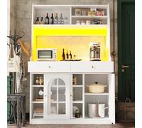 Doyisy Armario de cocina, armario alto, armario de vitrina, armario buffet con estantes ajustables, armario de comedor con 2 cajones, aparador con iluminación LED (blanco)