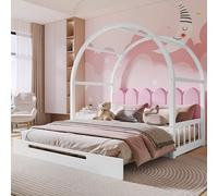 Doyisy Cama de techo ampliable, cama deslizante, cama infantil, cama de día, cama doble, cojín de terciopelo, marco de madera de pino, blanco+rosa (140 x 100 cm y 140 x 200 cm)