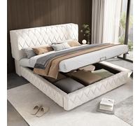 Doyisy Cama doble de 160 x 200 cm, tapizada, cama de almacenamiento, cama funcional, cama hidráulica con espacio de almacenamiento, estructura trenzada con listones de madera, fácil de montar