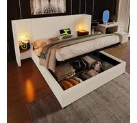 Doyisy Cama doble tapizada de 180 x 200 cm, con mesita de noche, lámpara de lectura y función de carga USB Type-C, sistema de almacenamiento, estructura de cama con somier, color beige y blanco, pana