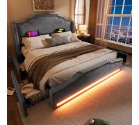 Doyisy Cama tapizada 140 × 200, cama doble con 4 cajones, iluminación LED y puerto de carga USB-C, cama de almacenamiento y cama juvenil con somier, terciopelo, gris, sin colchón