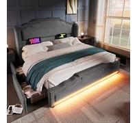 Doyisy Cama tapizada 180 × 200, cama doble con 4 cajones, iluminación LED y puerto de carga USB-C, cama de almacenamiento y cama juvenil con somier, terciopelo, gris, sin colchón