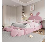 Doyisy Cama tapizada, cama doble, cama hidráulica, orejas de conejo con brillo ajustable, tiras de luz cálida, espacio de almacenamiento debajo de la cama, con dos taburetes, terciopelo, rosa, 140 x