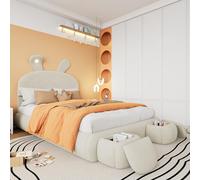 Doyisy Cama tapizada, cama doble, cama hidráulica, orejas de conejo con brillo ajustable, tiras de luz cálida, espacio de almacenamiento debajo de la cama, con dos taburetes, terciopelo, beis, 140 x