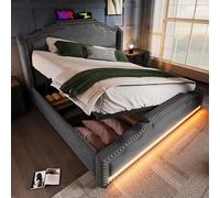 Doyisy Cama tapizada de 140 x 200 cm, cama doble con almacenamiento hidráulico, iluminación LED y puerto de carga USB-C, cama de almacenamiento y cama juvenil con somier, terciopelo, gris, sin colchón