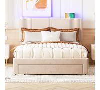 Doyisy Cama tapizada de 140 x 200 cm, cama doble con barra de luz y toma USB, respaldo y cajón grande, cama doble de terciopelo agradable al tacto, color beige