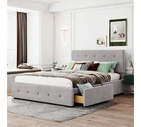 Doyisy Cama tapizada de 140 x 200 cm, cama doble con cajones, somier de láminas y respaldo, cama doble de terciopelo agradable al tacto (colchón no incluido) (gris)