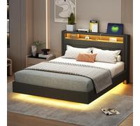 Doyisy Cama tapizada de 140 x 200 cm con enchufe USB y luz LED, cabecero reversible, reposapiés oculto, cama doble plana, cama adolescente, cama de adulto, tela de lino (gris)