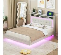 Doyisy Cama tapizada de 140 x 200 cm, con enchufe USB y luz LED, la cama se puede colocar en la cabecera de la cama, diseño de pies ocultos, cama doble plana, tela de lino beige