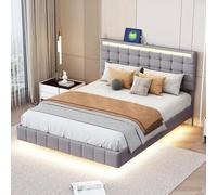 Doyisy Cama tapizada de 140 x 200 cm, marco de cama flotante acolchado con luces LED y diseño de cabecero, cama doble de invitados en lino agradable al tacto, color gris