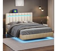Doyisy Cama tapizada de 140 x 200 cm, marco de cama flotante acolchado con luces LED y diseño de cabecero, cama doble de invitados en lino agradable al tacto, color beige