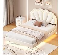 Doyisy Cama tapizada de 140 x 200 cm, marco de cama flotante tapizada con luces LED y diseño de cabecero, cama doble de invitados en tela aterciopelada agradable a la piel, color beige