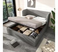 Doyisy Cama tapizada de 160 × 200, cama doble hidráulica con respaldo lateral ancho y funda para marco de cama extraíble, marco de cama con somier y espacio de almacenamiento, lino, gris, sin colchón