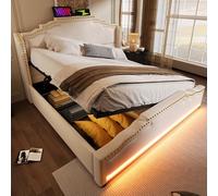 Doyisy Cama tapizada de 160 x 200 cm, cama doble con almacenamiento hidráulico, iluminación LED y puerto de carga USB-C, cama de almacenamiento y cama juvenil con somier, terciopelo, beige, sin