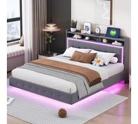 Doyisy Cama tapizada de 160 x 200 cm, con enchufe USB y luz LED, la cama se puede colocar en la cabecera de la cama, diseño de pies ocultos, cama doble plana, tela de lino gris