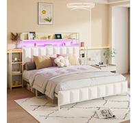 Doyisy Cama tapizada de 160 x 200 cm, con varios estantes, con iluminación LED, cabecero para almacenamiento, estructura de cama de hierro macizo, cama juvenil, cama doble, funda de piel sintética