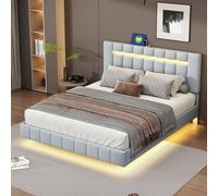 Doyisy Cama tapizada de 160 x 200 cm, marco de cama flotante acolchado con luces LED y diseño de cabecero, cama doble de invitados en lino agradable al tacto, color gris