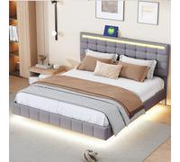 Doyisy Cama tapizada de 160 x 200 cm, marco de cama flotante acolchado con luces LED y diseño de cabecero, cama doble de invitados en lino agradable al tacto, color gris