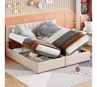 Doyisy Cama tapizada de 180 x 200 cm, cama de almacenamiento hidráulico, de lino, hipoalergénica, cama doble multifuncional (beige)