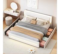 Doyisy Cama tapizada de 180 x 200 cm con iluminación LED que cambia de color, con cuatro estantes, tela de lino, cama doble plana con somier (colchón no incluido) (beige)
