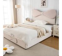 Doyisy Cama tapizada hidráulica, cama doble, cabecero ajustable, cabecero tapizado con pajarita y somier de láminas de estructura metálica, moderno marco de cama con almacenamiento, terciopelo, beis+