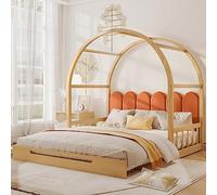 Doyisy Camas abovedadas extensibles, cama deslizante, cama infantil, cama de día, cama doble, cojín de terciopelo, marco de madera de pino, natural y naranja (140 x 100 cm y 140 x 200 cm) (natural +