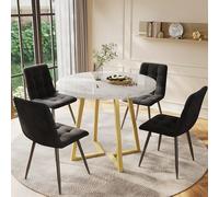 Doyisy Juego de mesa de comedor (5 piezas) con 4 sillas, mesa de cocina redonda de 80 cm de diámetro y patas de metal doradas, tablero de fibra de densidad media blanca, sillas de terciopelo negro