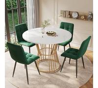 Doyisy Juego de mesa de comedor (5 piezas), juego de mesa de comedor con 4 sillas, mesa de comedor redonda de 100 cm de diámetro y patas de metal doradas, tablero DM blanco, sillas de comedor de