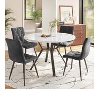 Doyisy Juego de mesa de comedor y silla (5 piezas) moderno y sencillo juego de mesa redonda de mármol con patas de metal negro + 4 sillas ergonómicas de gamuza gris