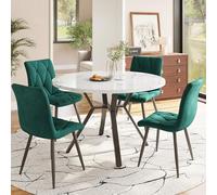 Doyisy Juego de mesa de comedor y silla (5 piezas) moderno y sencillo juego de mesa redonda de mármol con patas de metal negro + 4 sillas ergonómicas de gamuza verde