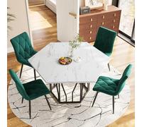Doyisy Juego de mesa de comedor y silla (juego de 5 piezas), moderna mesa de comedor hexagonal de mármol + 4 sillas de comedor de terciopelo verde para crear un restaurante cálido y moderno