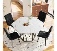 Doyisy Juego de mesa de comedor y silla (juego de 5 piezas), moderna mesa de comedor hexagonal de mármol + 4 sillas de comedor de terciopelo negro para crear un restaurante cálido y moderno