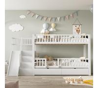 Doyisy Litera para 2 niños, 90 x 200 cm, cama alta con tobogán y escaleras, cuna con 2 cajones, cama doble con puerta magnética, sin colchón, madera maciza, color blanco