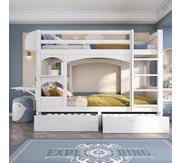 Doyisy Litera para niños, cama doble, cama infantil multifuncional, con escritorio plegable y estantería, con escalera y 2 cajones, sin colchón, somieres de madera maciza, color blanco, 90 x 200 cm