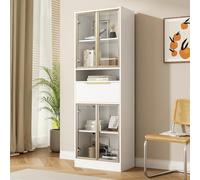 Doyisy Moderno armario alto blanco con LED de 16 colores y Bluetooth, 60 × 35 × 180 cm, vitrina con frente de cristal y cajón, espacio de almacenamiento e iluminación, MDF y cristal de seguridad