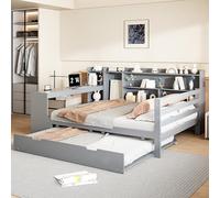 Doyisy Sofá cama de madera maciza, 140 x 200 cm, con escritorio, estanterías y estantes, con enchufes, cama extensible debajo de la cama, cama doble multifuncional de madera, gris