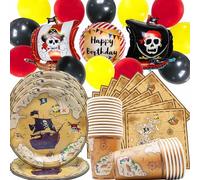 Doyomtoy 75 Piezas Vajilla Fiesta Pirata,Globos Fiesta Pirata Pirata Set Fiesta Tema Pirata Decoracion de Cumpleaños Pirata,Globos,Platos,servilletas,Vasos de Papel,para Fiesta de cumpleaños Infantil