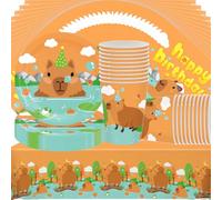 Doyomtoy Capybara Serve - Juego de vajilla para fiesta de cumpleaños para 20 invitados, mantel de fiesta, platos, tazas, servilletas para accesorios de fiesta de cumpleaños