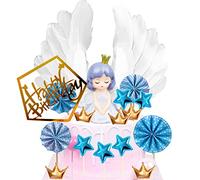 Doyomtoy Decoración para tartas de cumpleaños, corona de ángel, estrellas, alas de ángel, decoración para tartas, decoración para tartas Happy Birthday topper,nube y estrellas