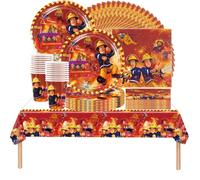 Doyomtoy Juego de 62 piezas de vajilla Fireman Sam para fiestas de cumpleaños infantiles, reuniones de amigos y bodas, con platos de papel, vasos de papel, manteles y servilletas, banderines y para ha