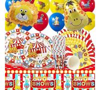 Doyomtoy Juego de Vajilla de Circo 75 Piezas Cumpleaños Tema Vajilla Decoración para fiestas de Circo Globos de Circo Fiesta de Circo Platos Vasos Servilletas Manteles Globos,Fiesta Temática