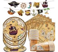 Doyomtoy Juego de vajilla de fiesta temática pirata, decoración de cumpleaños infantil, 61 unidades, platos de fiesta, vasos de papel, banderas
