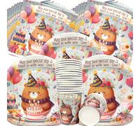 Doyomtoy Oso Vajilla de Cumpleaños,60 Pz Oso Decoraciones para Baby Shower Platos,Vasos,Toallas de papel Vajilla para Fiestas de Cumpleaños infantiles para Niño y Niña,Decoración de Cumpleaños Oso