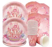 Doyomtoy Pink Princess Party Tableware, 72 piezas Juego de vajilla para cumpleaños para niños, vajilla para el castillo de la princesa rosa, platos, servilletas, vasos de papel para 24 invitados