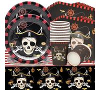Doyomtoy Set de Vajilla para Fiesta Pirata 53pz: Platos, Vasos, Servilletas, Mantel - Piratas Decoración de Cumpleaños Infantil - Rojo, Blanco, Negro
