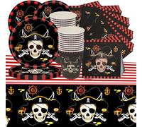 Doyomtoy The Pirate Skull Partygeschirr Set, Serve 20 Gäste PiratenCapitán Cumpleaños Partygeschirr Tischdecken,Teller,Tazas,Serve für Partyzubehör Geburtstag
