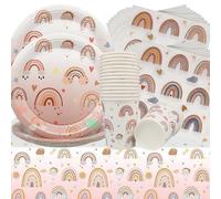 Doyomtoy Vajilla Bohemia Arco Iris - Set 61pcs para Fiesta de Cumpleaños con Platos, Vasos de Papel, Toallas, Manteles para Niños